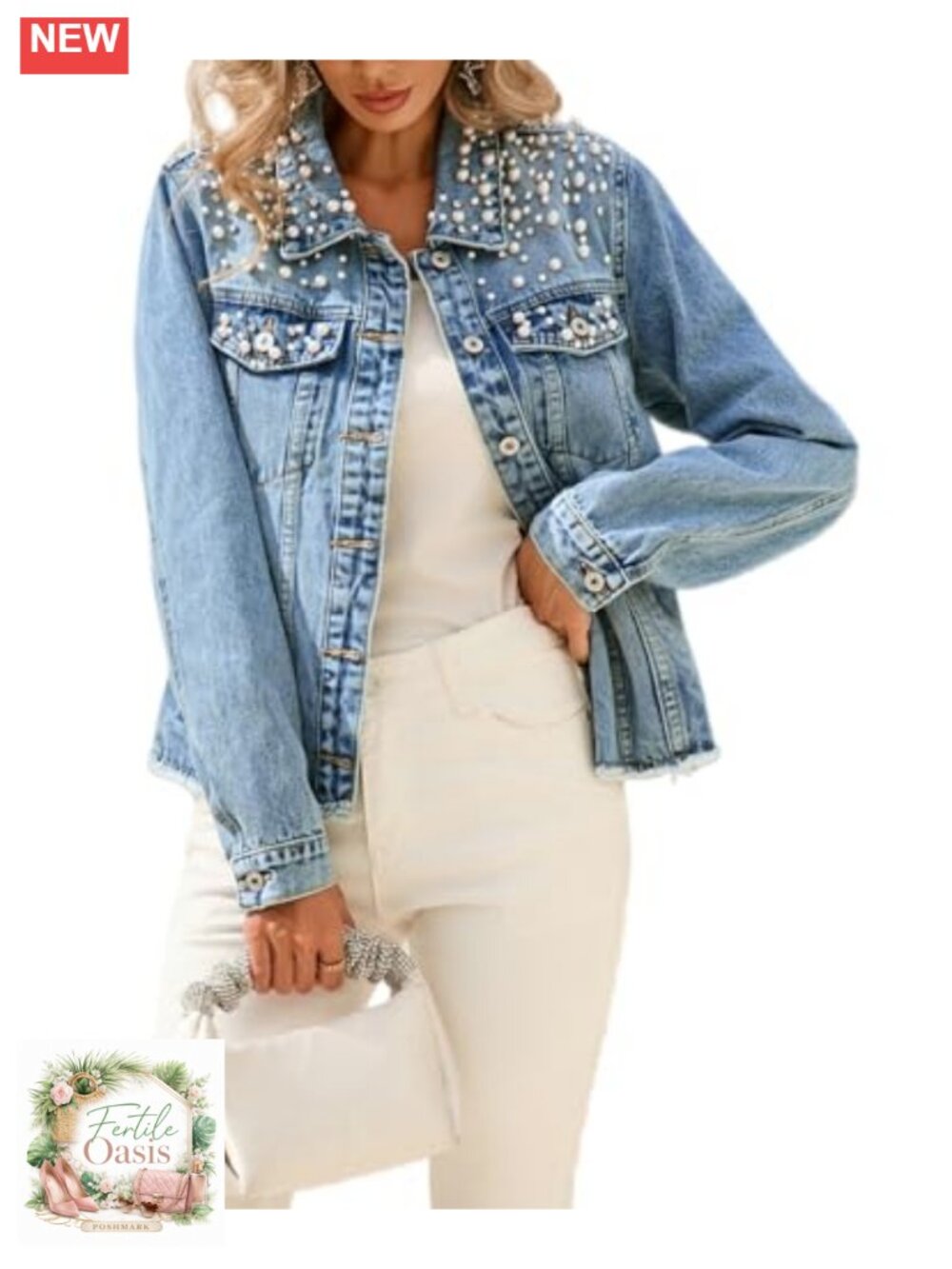 Women's Pearl Embellished Denim Jacket Washed Button Down Cropped Frayed Hem